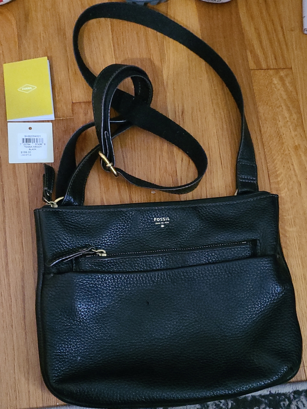 Fossil Tessa Xbody Black Pebbled Leather Small Crossbody with Gold Hardware